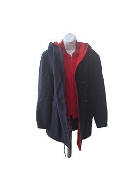 Vintage 90s Hunt Club Wool Coat Womens 8 Navy Red Hooded Preppy Equestrian Lined